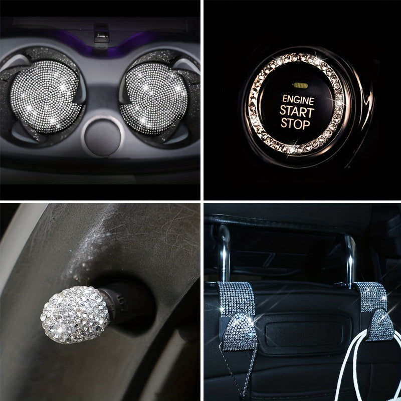 18pcs/set Light Luxury Hot Artificial Diamond Car Interior Set Crystal Steering Wheel Cover Mobile Phone Holder Women Car Interior Accessories
