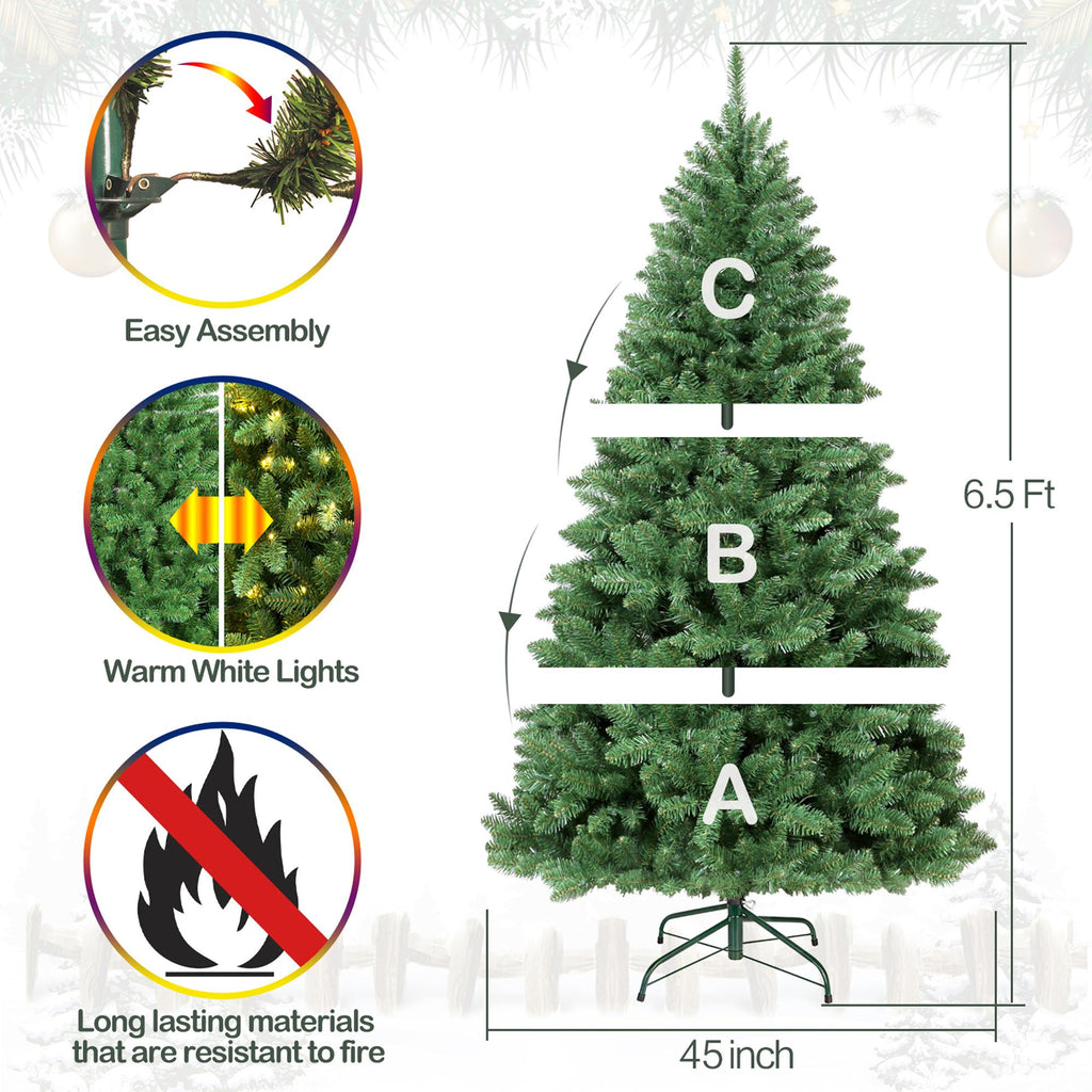 Hykolity Prelit Artificial Christmas Tree, 350 Warm White Lights, 1100 Tips, Foldable Metal Base and Hinged Branches,6.5'