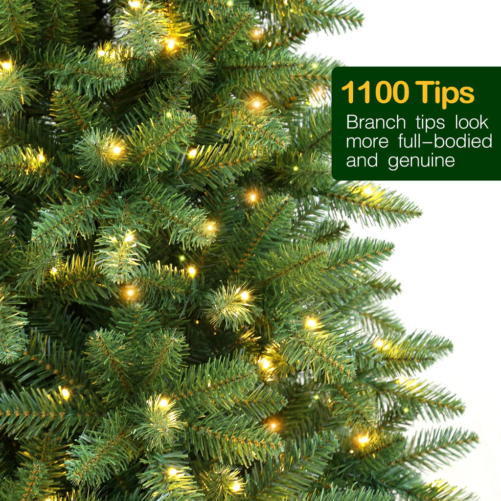 Hykolity Prelit Artificial Christmas Tree, 350 Warm White Lights, 1100 Tips, Foldable Metal Base and Hinged Branches,6.5'