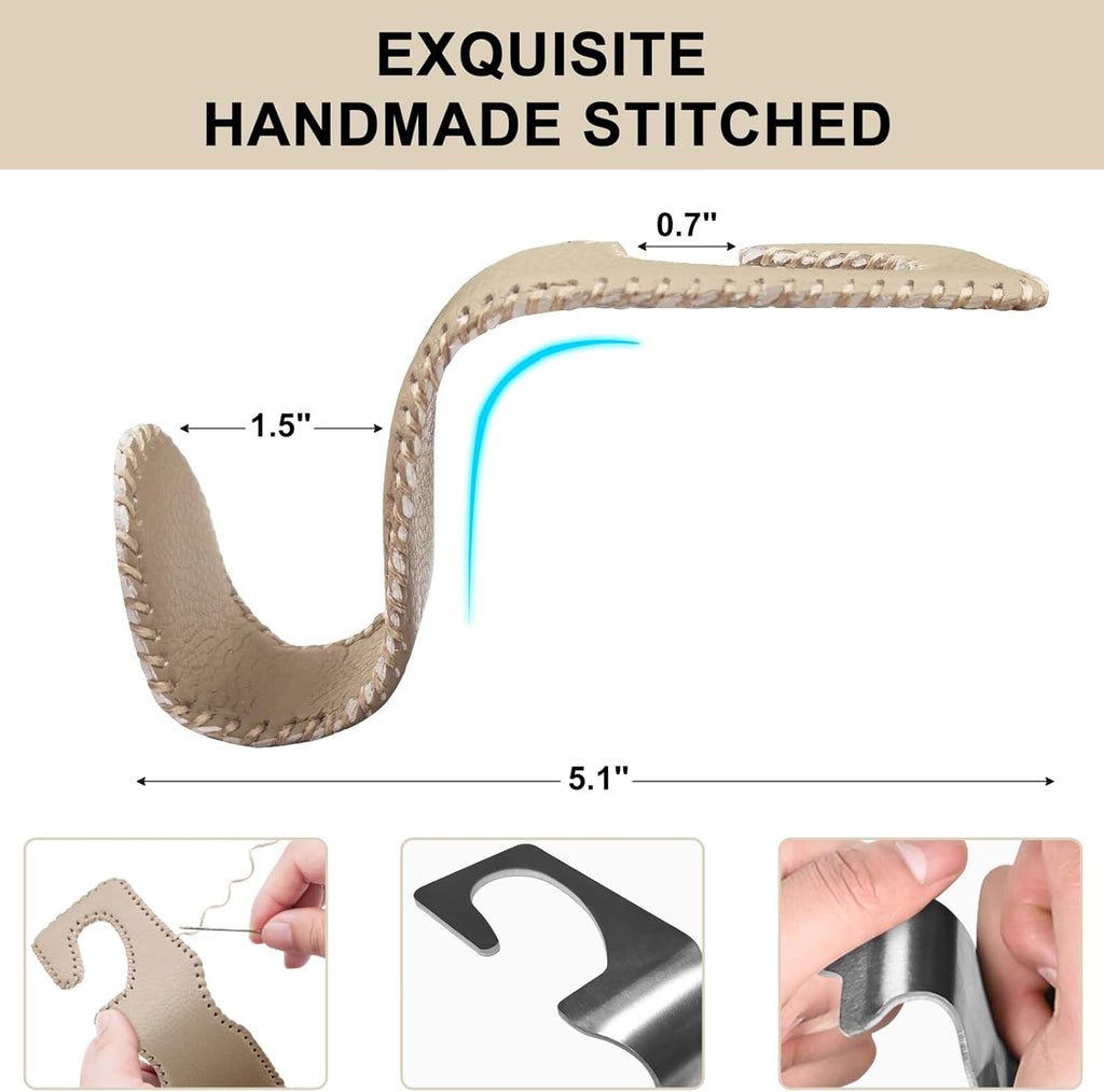 EldHus Seat Hooks for Purses and Bags, 2 Pack Car Purse Holder for Grocery Bag Handbag Clothes, Metal Headrest Hooks Covered by Leather, Beige