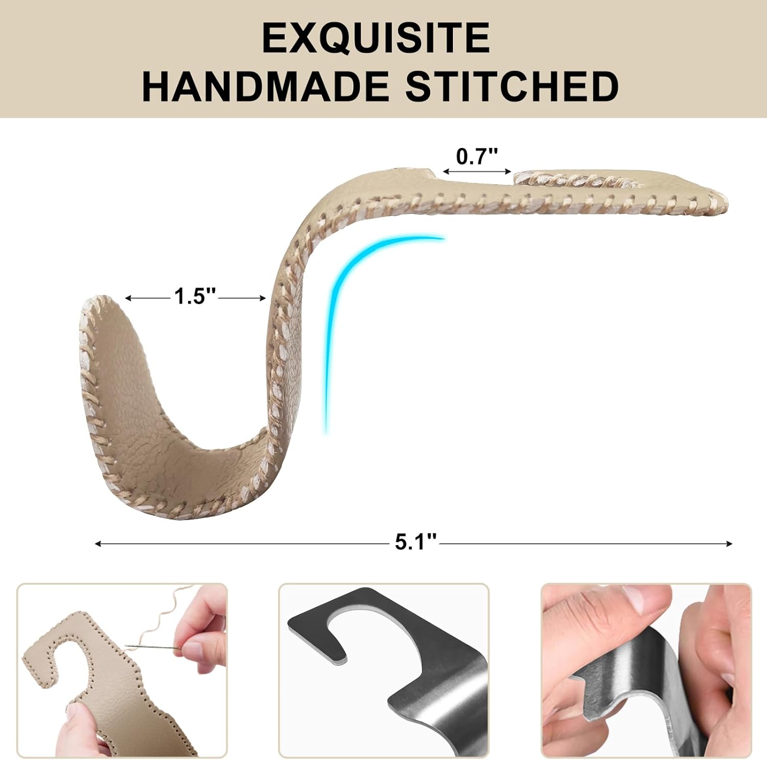EldHus Seat Hooks for Purses and Bags, 4 Pack Car Purse Holder for Grocery Bag Handbag Clothes, Metal Headrest Hooks Covered by Leather, Beige
