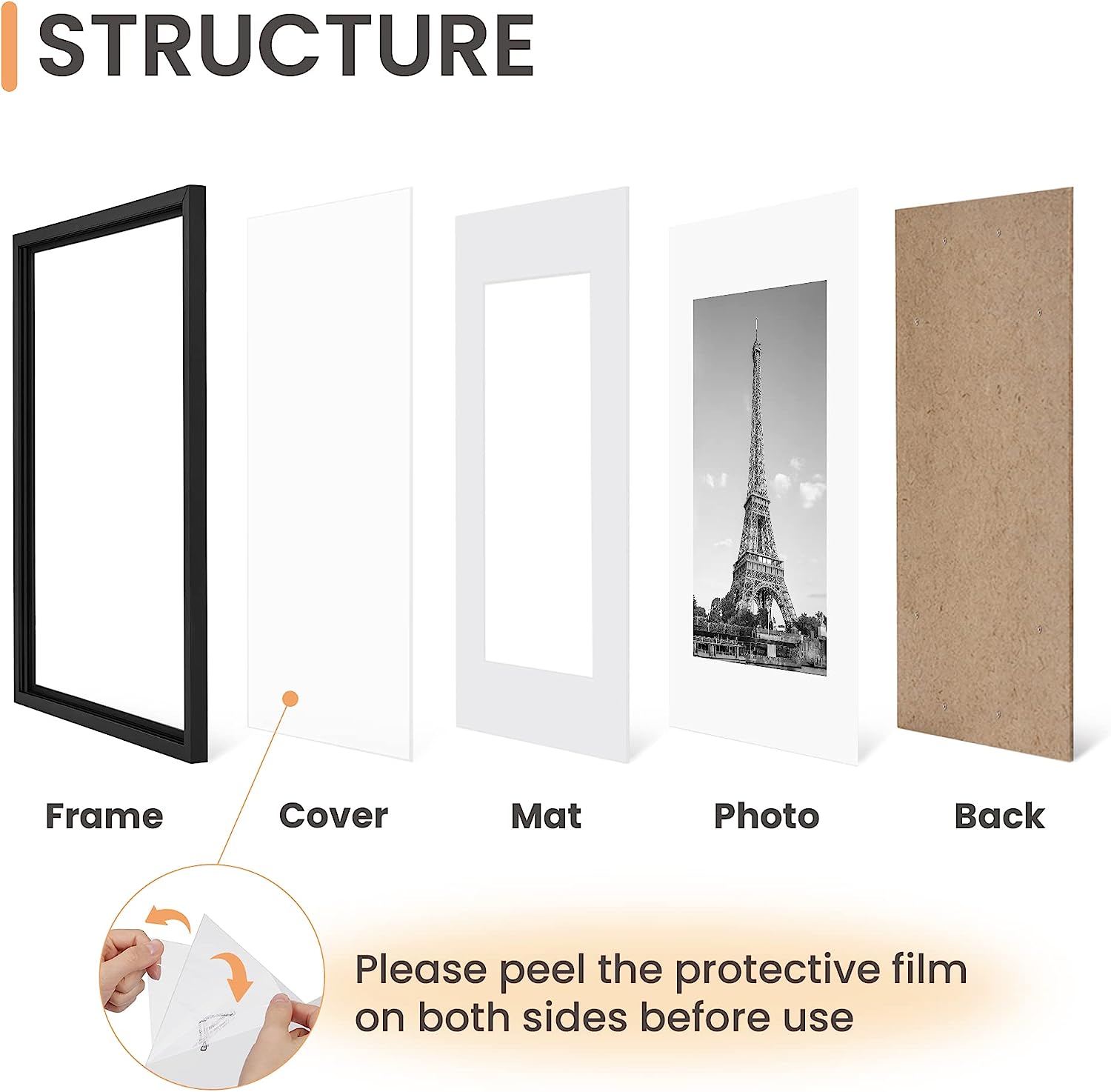 upsimples 10x14 Picture Frame Set of 5, Display Pictures 8.5x11 with Mat or 10x14 Without Mat, Wall Gallery Poster Frames, Black