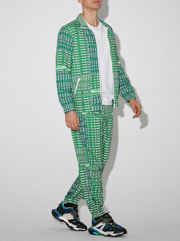 mens all over letter dot print zip jacket street two pieces outfits