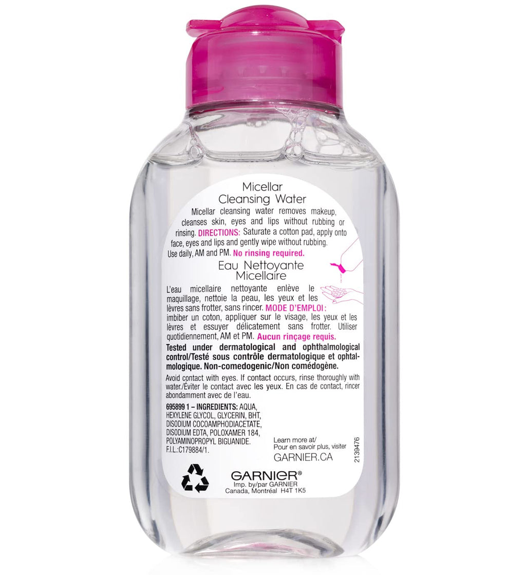 Garnier SkinActive Micellar Cleansing Water, All-in-1 Makeup Remover and Facial Cleanser, For All Skin Types, 3.4 Fl Oz (100mL), 1 Count (Packaging May Vary)