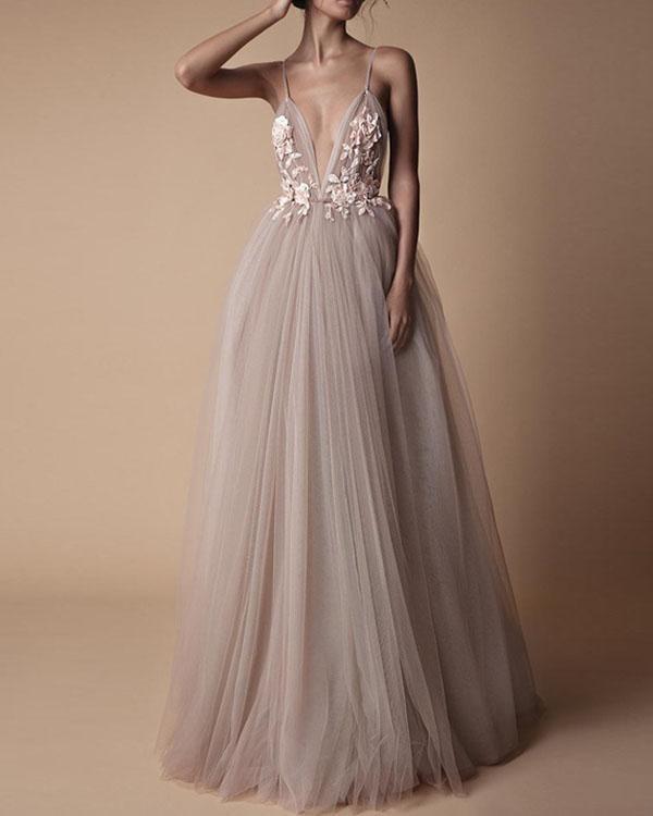 elegant spaghetti strap organza flower wedding dress