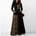 Ladies Casual Long Sleeve High Neck Loose Stitching Leopard Dress