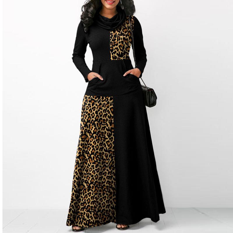 Ladies Casual Long Sleeve High Neck Loose Stitching Leopard Dress