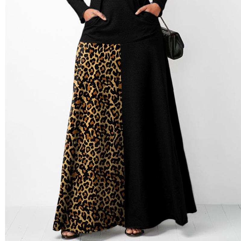 Ladies Casual Long Sleeve High Neck Loose Stitching Leopard Dress