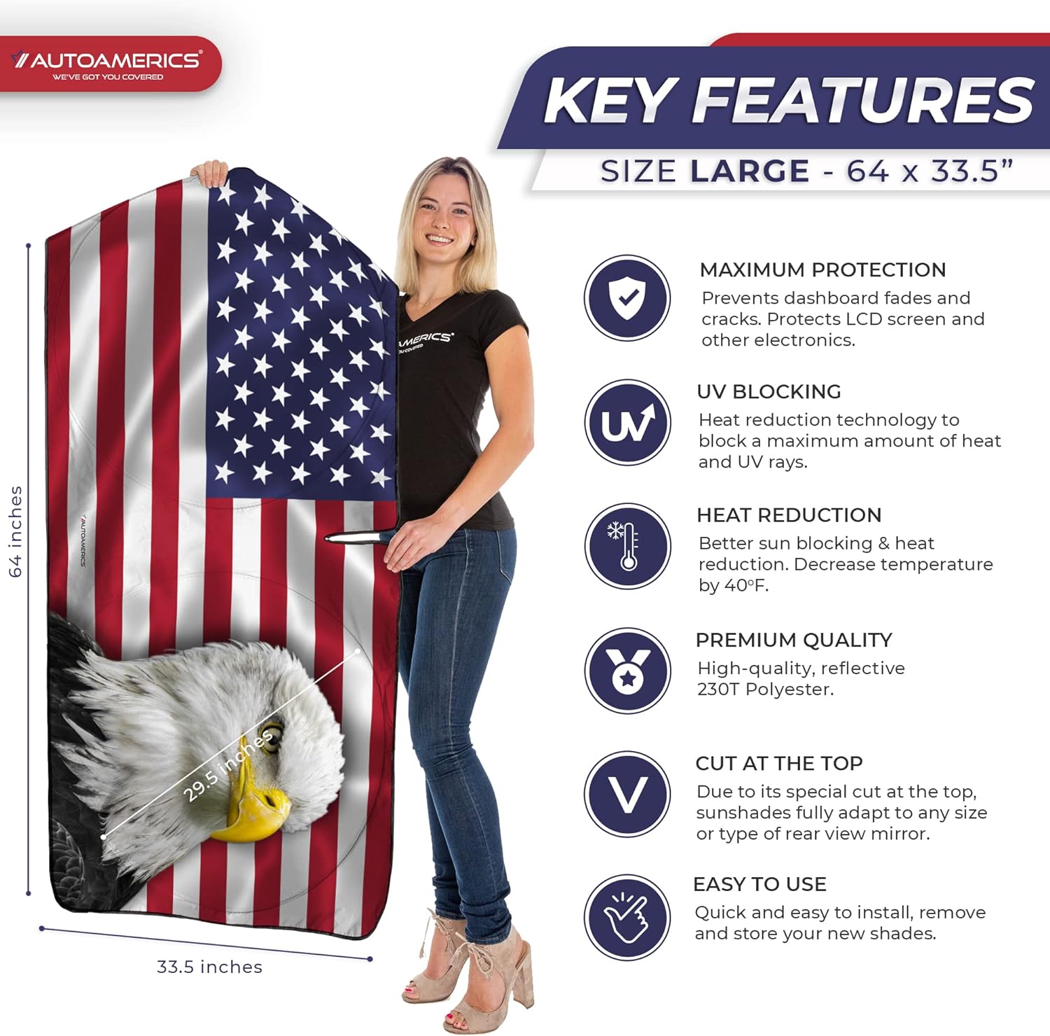 Autoamerics 1-Piece Windshield Sun Shade American Eagle Flag USA Patriotic  - Foldable Car Front Window Sunshade for Sedans SUV Truck - Blocks Max UV Rays and Keeps Your Vehicle Cool - Large