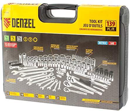 DENZEL Tool kit 140pcs [ Ratchet combination 1/4, 3/8, 1/2 inch ] [ 4 Extension Bar ] [ Connection Scuare, Spinner, Bit Adapter, Socket Adapter ] Socket and bits (7714100)