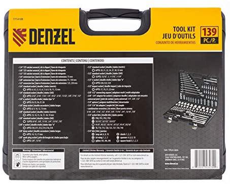 DENZEL Tool kit 140pcs [ Ratchet combination 1/4, 3/8, 1/2 inch ] [ 4 Extension Bar ] [ Connection Scuare, Spinner, Bit Adapter, Socket Adapter ] Socket and bits (7714100)