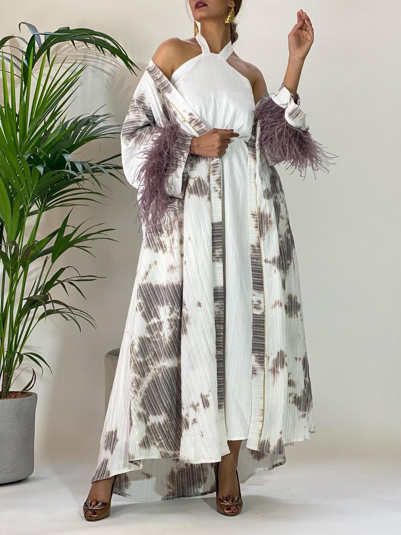 Women's Elegant Casual Violet Grey Print Feather Long Cardigan
