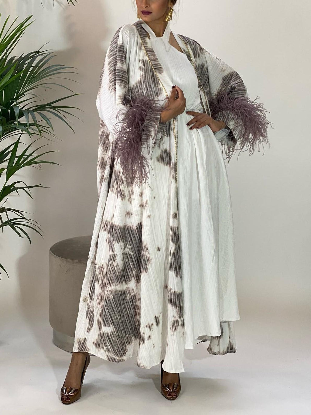 Women's Elegant Casual Violet Grey Print Feather Long Cardigan