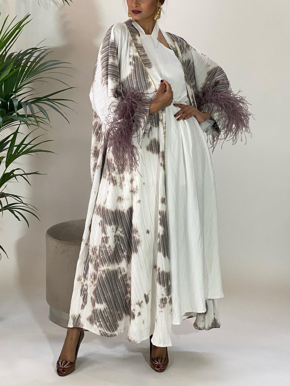 Women's Elegant Casual Violet Grey Print Feather Long Cardigan