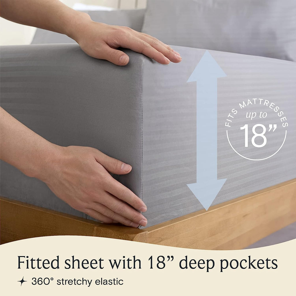 LuxClub Striped Sheets Set, 4 PC Striped Bed Sheets Set Twin Size for Boys and Girls, Deep Pockets 18" Eco Friendly Wrinkle Free Kids Fitted Sheets Machine Washable Hotel Bedding (Twin XL, Light Grey)