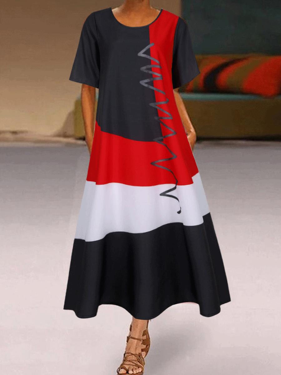Printed V-neck Short-sleeved Pocket Long Casual Dress