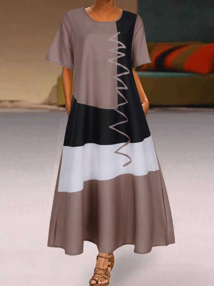 Printed V-neck Short-sleeved Pocket Long Casual Dress
