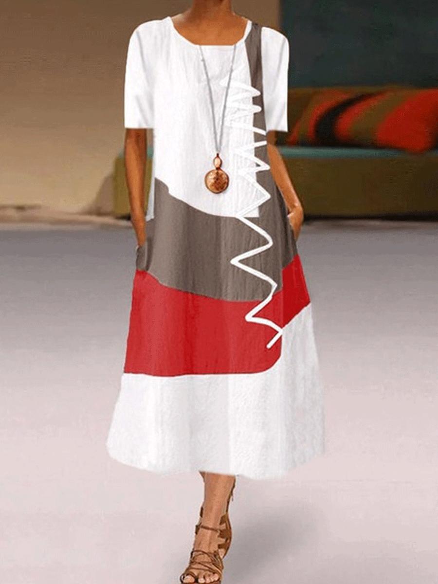 Printed V-neck Short-sleeved Pocket Long Casual Dress
