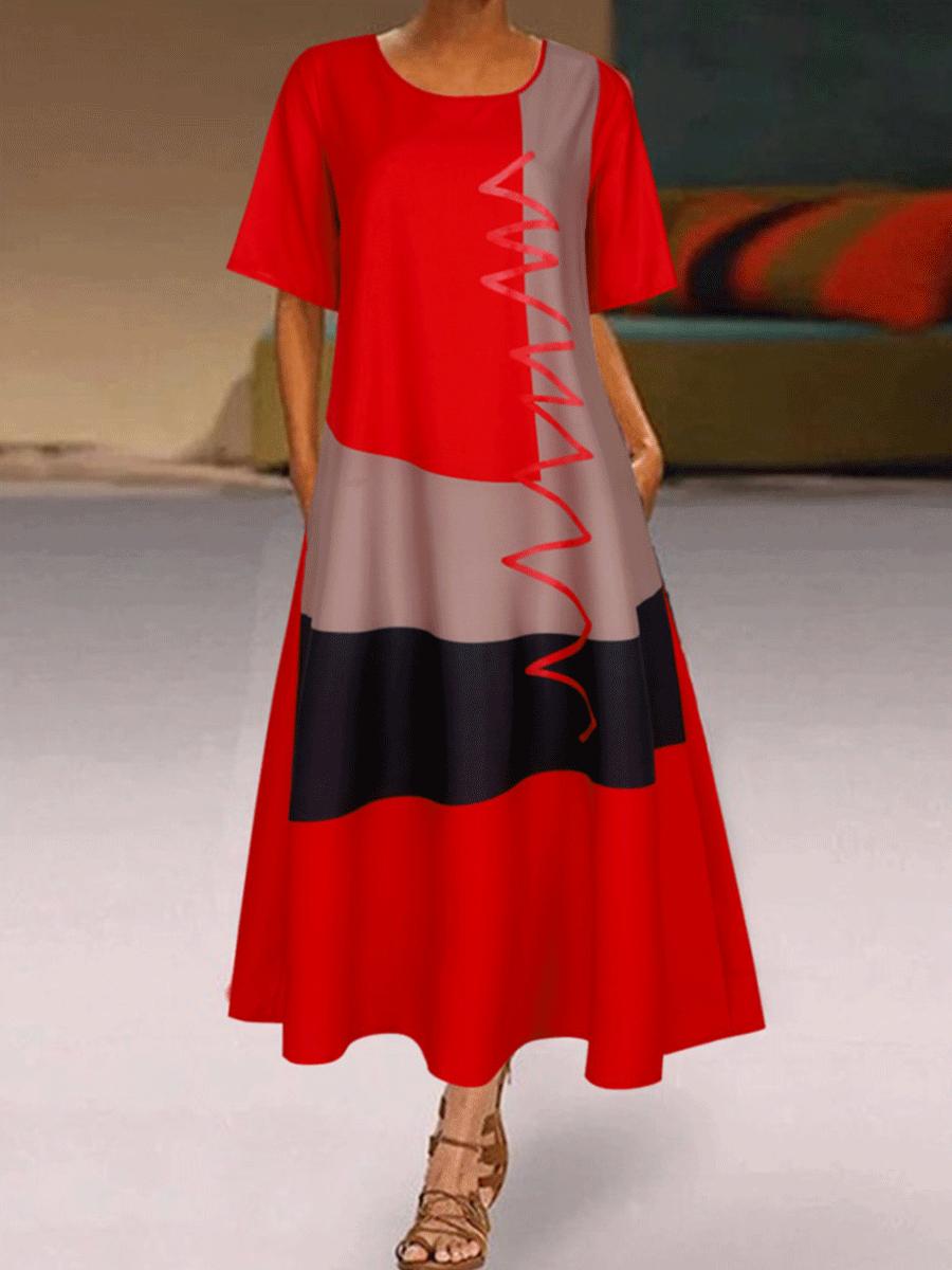 Printed V-neck Short-sleeved Pocket Long Casual Dress