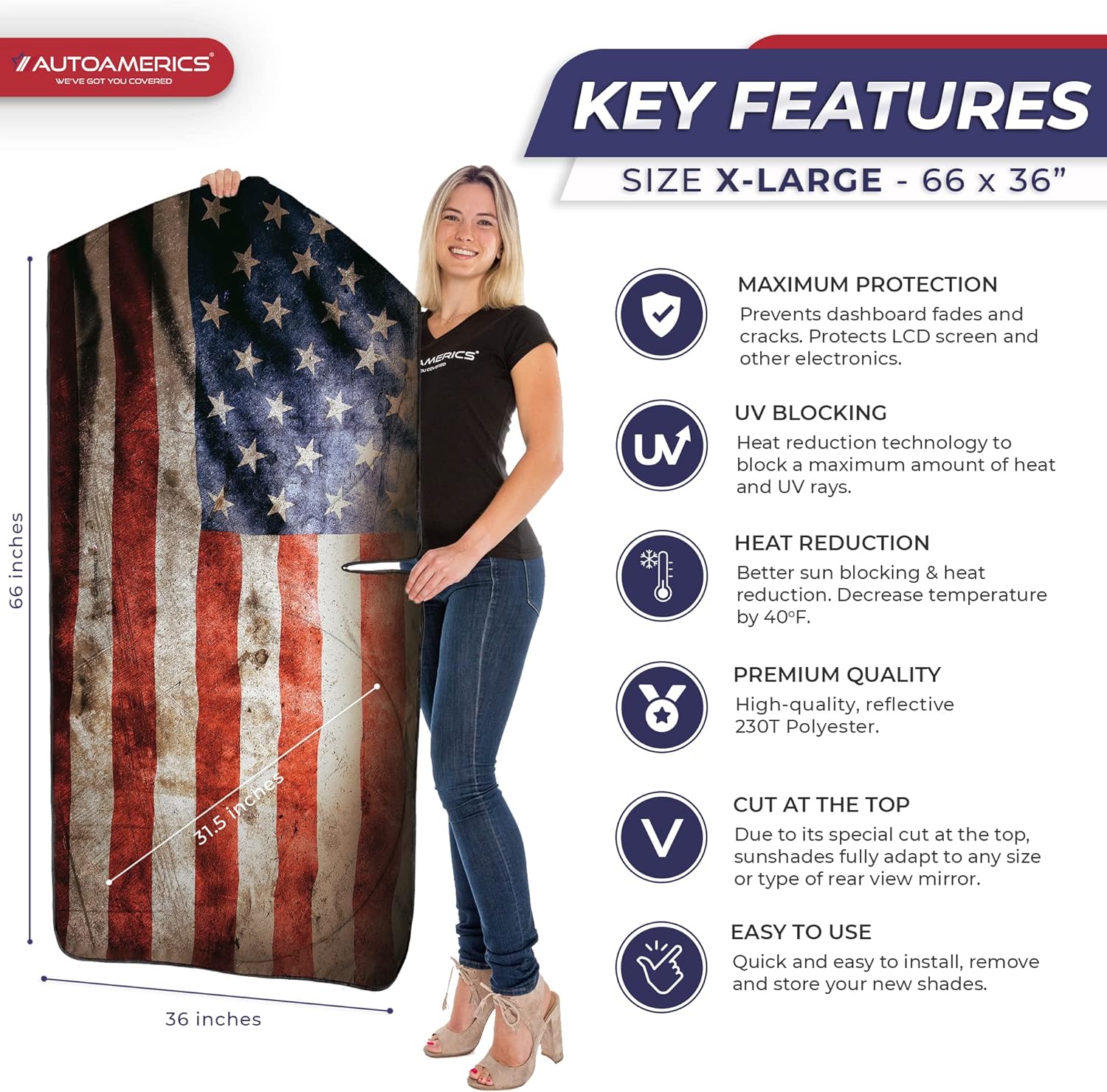 Autoamerics 1-Piece Windshield Sun Shade Grunge American Flag - 2 USA  - Foldable Car Front Window Sunshade for Most Sedans SUV Truck - Blocks Max UV Rays and Keeps Your Vehicle Cool - X-Large