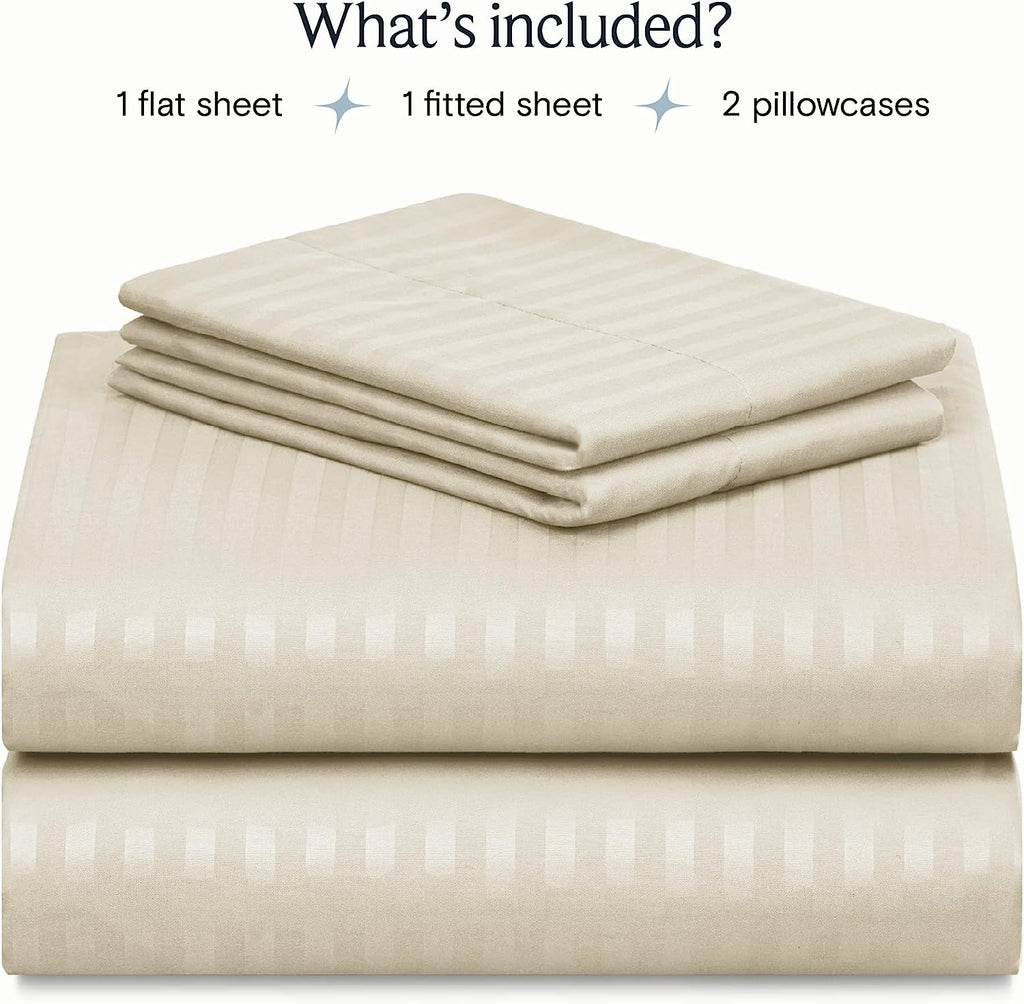 LuxClub Striped Sheets Set, 4 PC Striped Bed Sheets Set Twin Size for Boys and Girls, Deep Pockets 18" Eco Friendly Wrinkle Free Kids Fitted Sheets Machine Washable Hotel Bedding (Twin, Cream)