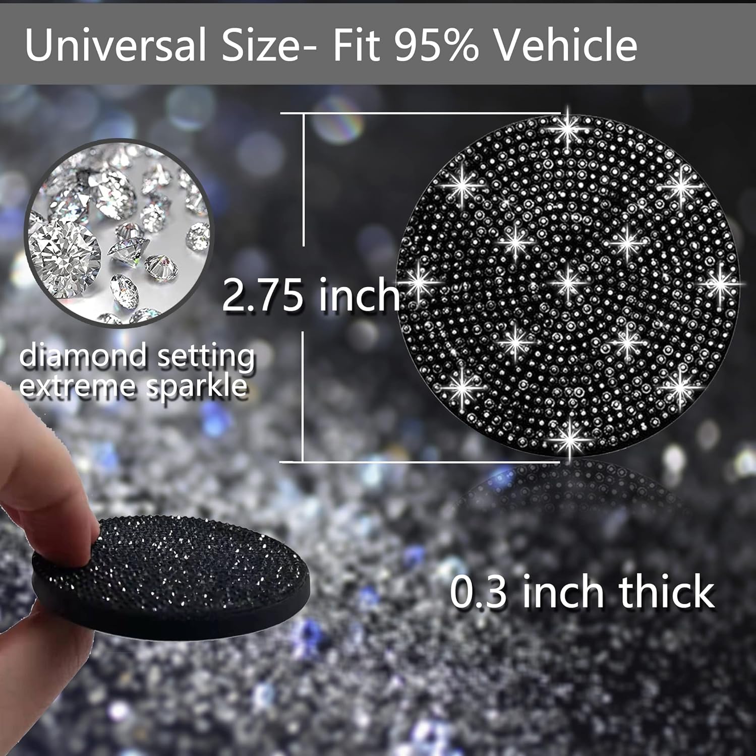 4pcs Bling Car Coaster, Universal Bling Car Interior Accessories for Women, 2.75 inch Silicone Anti-Slip Shockproof Fashion Vehicle Automotive Cup Holder Coasters Insert Crystal Rhinestone (Black)