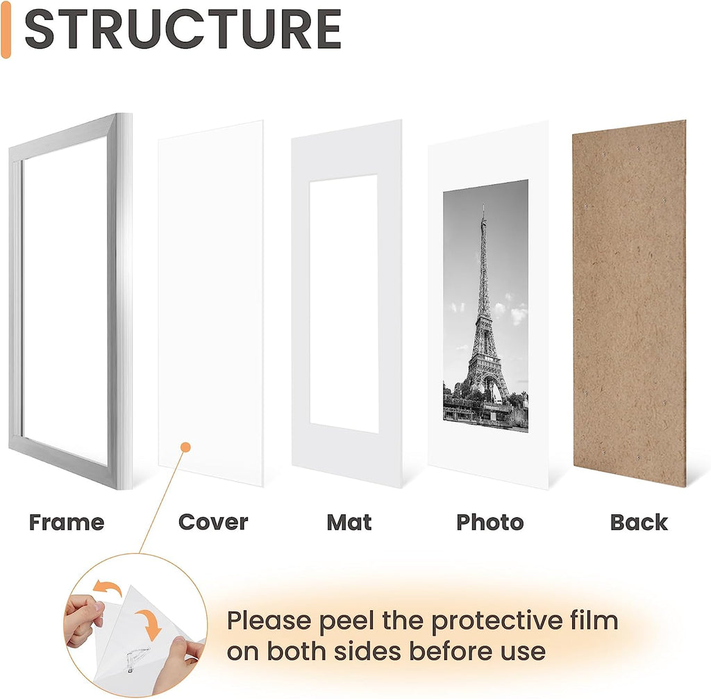 upsimples 8x10 Picture Frame Set of 5,Display Pictures 5x7 with Mat or 8x10 Without Mat,Wall Gallery Photo Frames, Silver