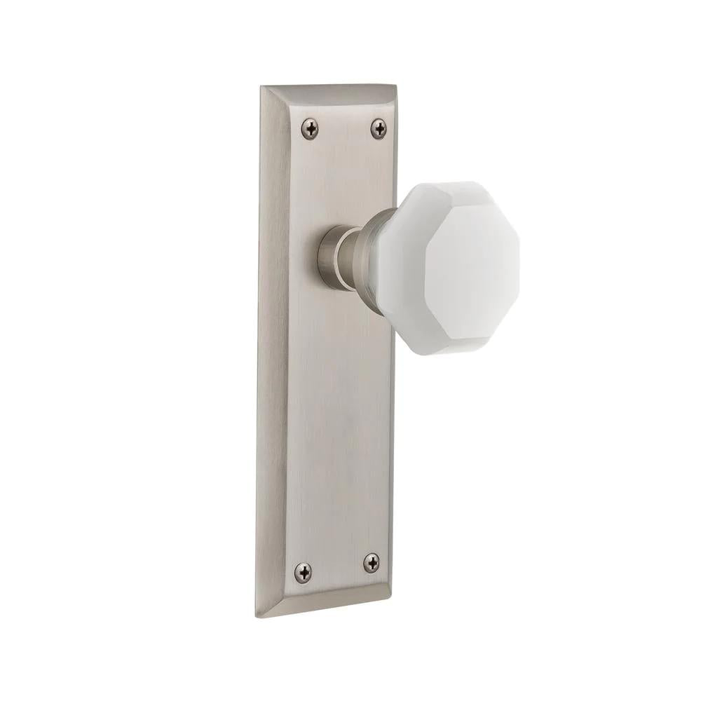 York Plate 2-3/8 in. Backset Satin Nickel Privacy Bed/Bath Waldorf White Milk Glass Door Knob