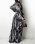 Abstract Print Buttoned Long Sleeve Maxi Dress