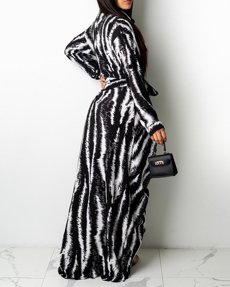 Abstract Print Buttoned Long Sleeve Maxi Dress