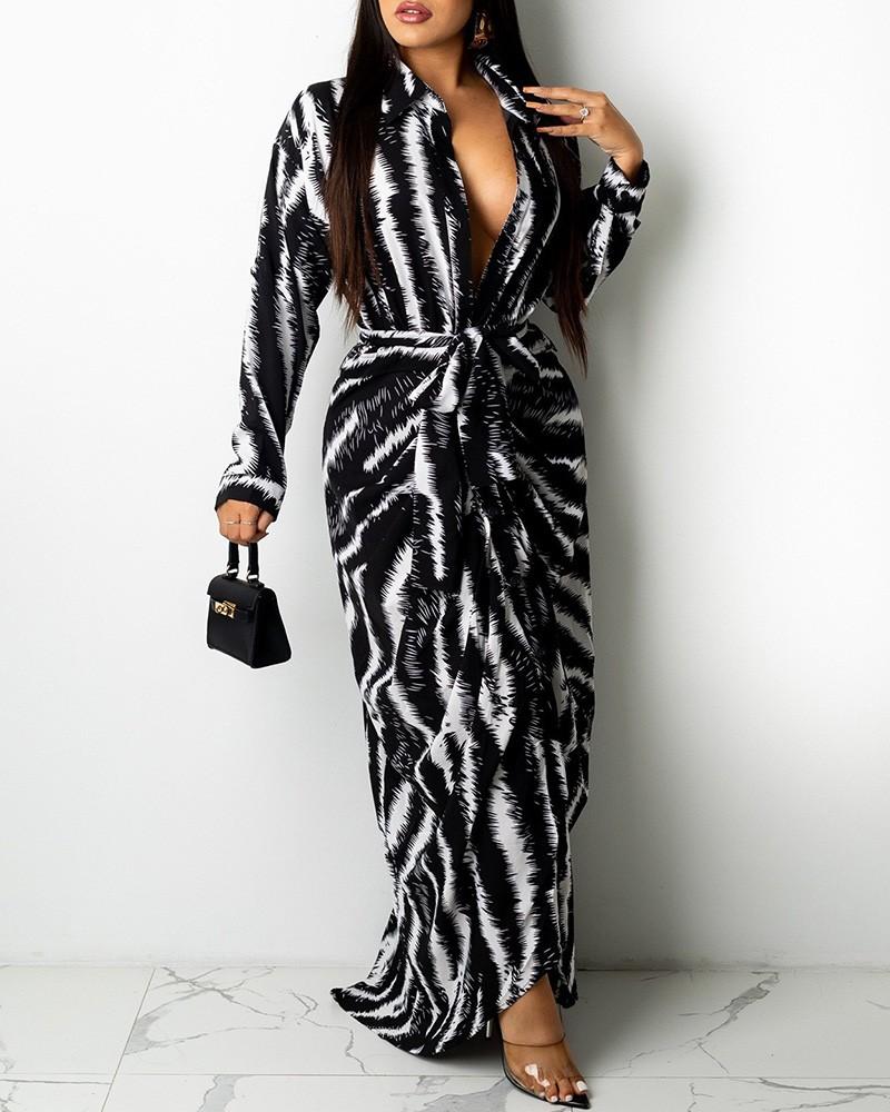 Abstract Print Buttoned Long Sleeve Maxi Dress