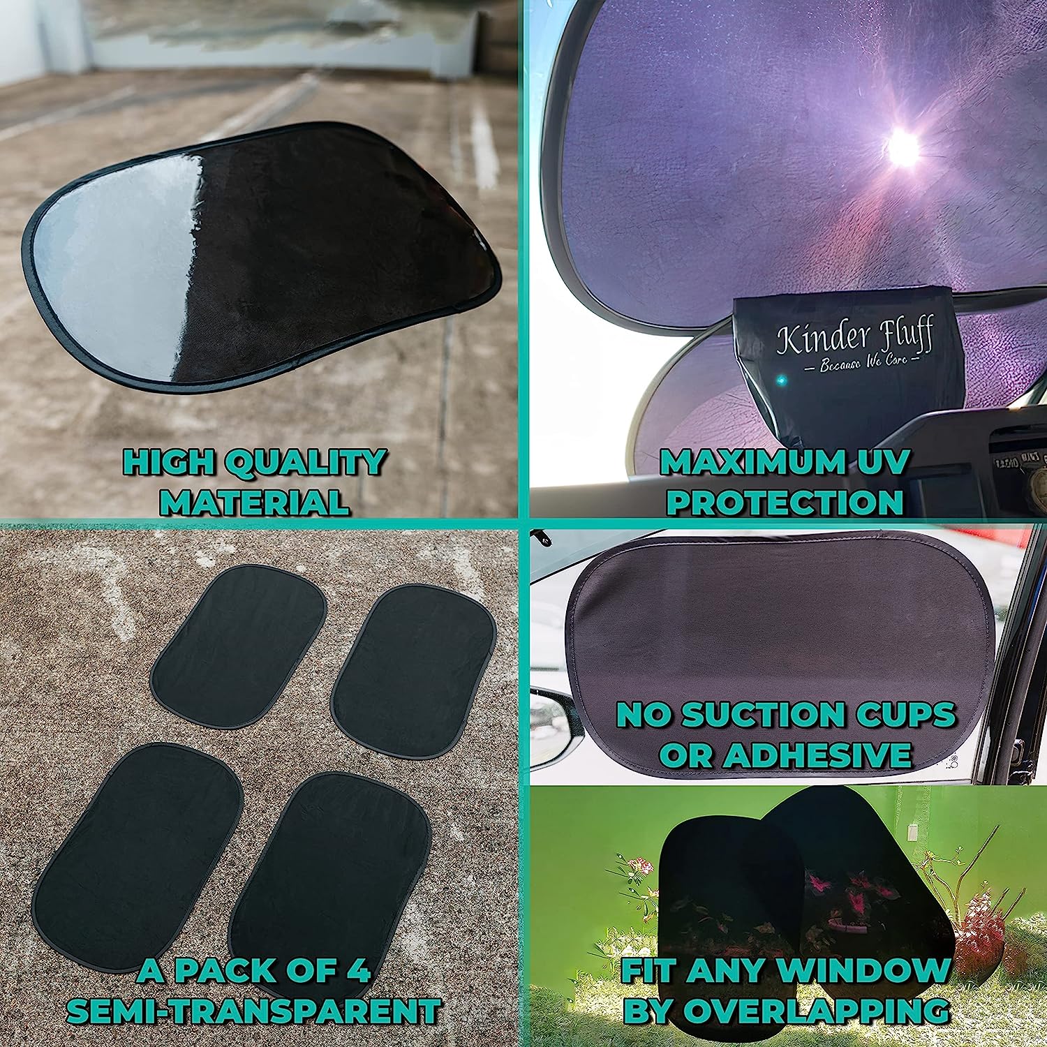 kinder Fluff Car Window Shade (4Pack)-Car Sun Shade for Baby-The Only Certified car Sun Shade to Block 99.95% UVR-Mom’s Choice Gold Award Winning Car Window Shade for Baby &amp; Aircraft Pilot