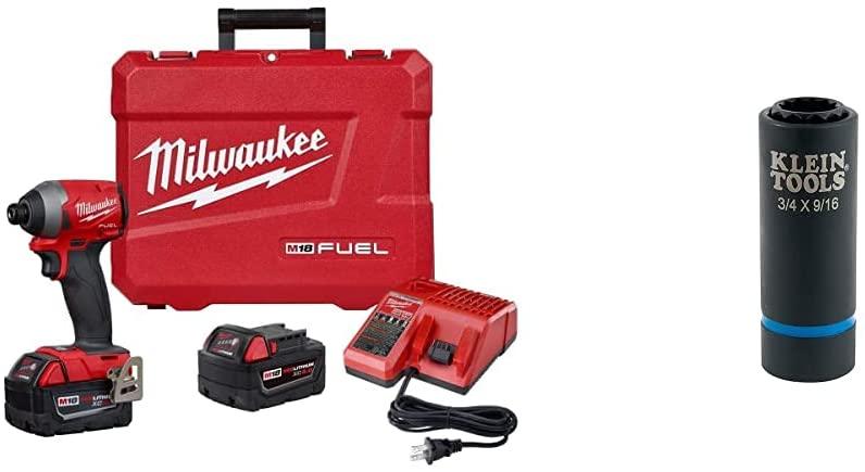 Milwaukee (MLW 2853-22) M18 Fuel 1/4IN Hex Impact Driver XC Kit & Klein Tools 66001 2-in-1 Impact Socket, Socket Wrench Sizes 3/4-Inch and 9/16-Inch Hex, 12-Point Deep Socket with 1/2-Inch Drive