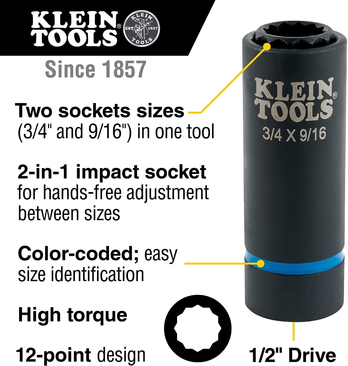 Milwaukee (MLW 2853-22) M18 Fuel 1/4IN Hex Impact Driver XC Kit & Klein Tools 66001 2-in-1 Impact Socket, Socket Wrench Sizes 3/4-Inch and 9/16-Inch Hex, 12-Point Deep Socket with 1/2-Inch Drive
