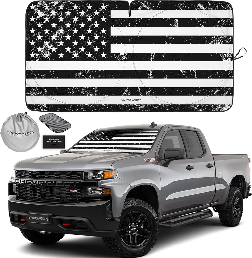 Autoamerics 1-Piece Windshield Sun Shade Grunge B&amp;W American Flag USA  - Foldable Car Front Window Sunshade for Most Sedans SUV Truck - Blocks Max UV Rays and Keeps Your Vehicle Cool - Large