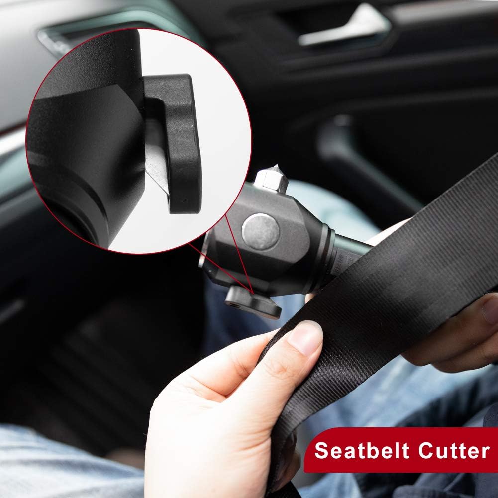 MOTORBUDDY Multi-Function Car Safety Hammer, All-in-1 Emergency Escape Hammer with Window Breaker, Seatbelt Cutter, Mobile Power, LED Flashlight, Alarm Rescue, Strobe SOS Beacon, Compass, Black
