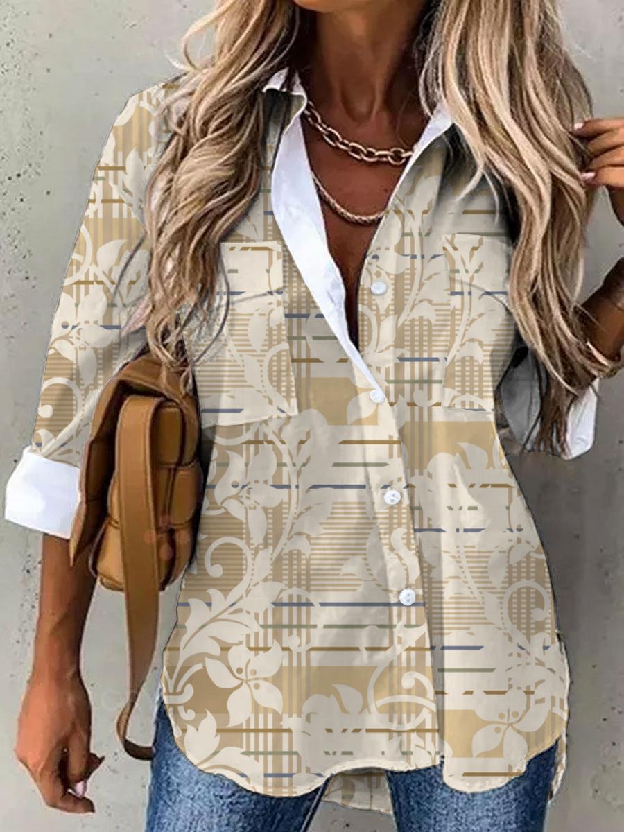Plaid Floral Pattern Printed Long Sleeve Pocketed Casual Blouse