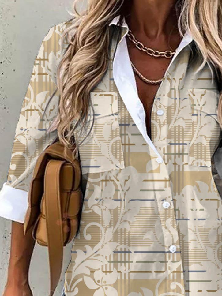 Plaid Floral Pattern Printed Long Sleeve Pocketed Casual Blouse