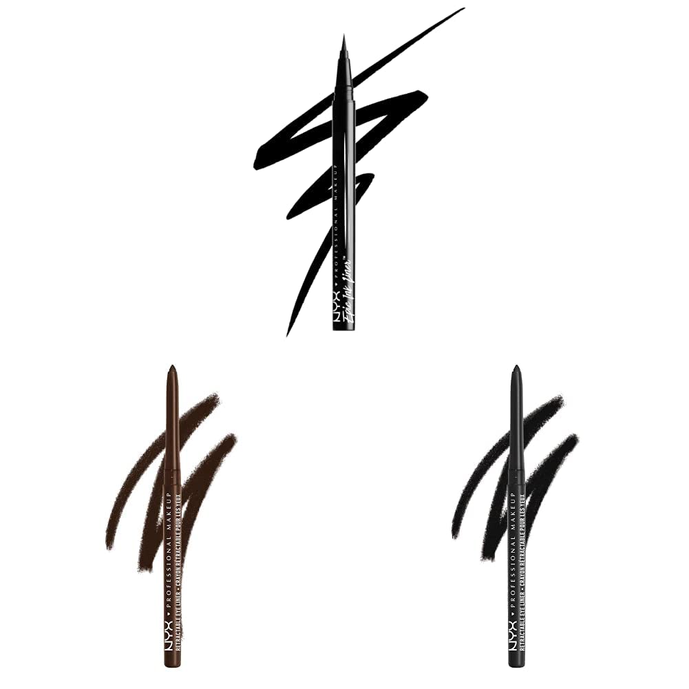 NYX PROFESSIONAL MAKEUP Epic Ink Liner, Waterproof Liquid Eyeliner-Black, Vegan Formula &amp; Mechanical Eyeliner Pencil, Brown &amp; Mechanical Eyeliner Pencil, Black