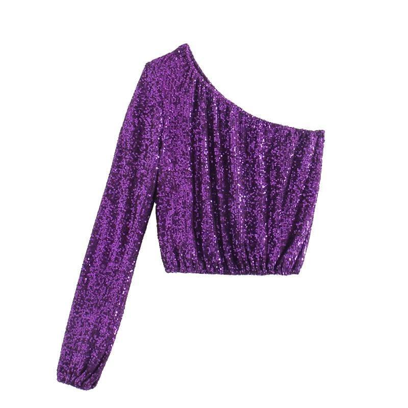 one shoulder sequined cropped blouse