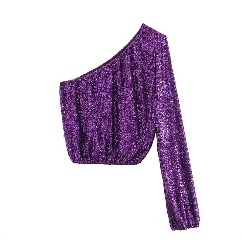 one shoulder sequined cropped blouse