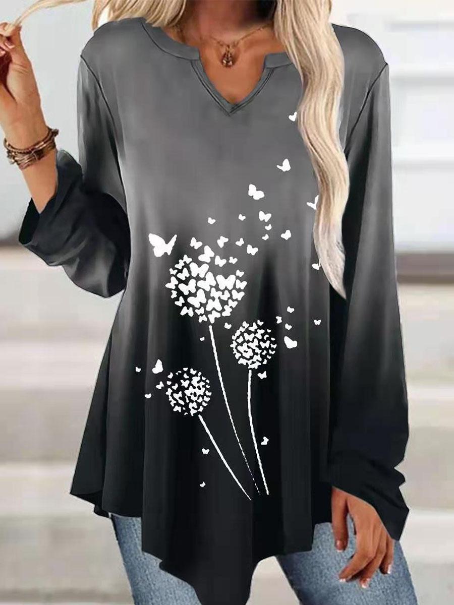 V-neck Gradient Print Casual Long Sleeve T-shirt