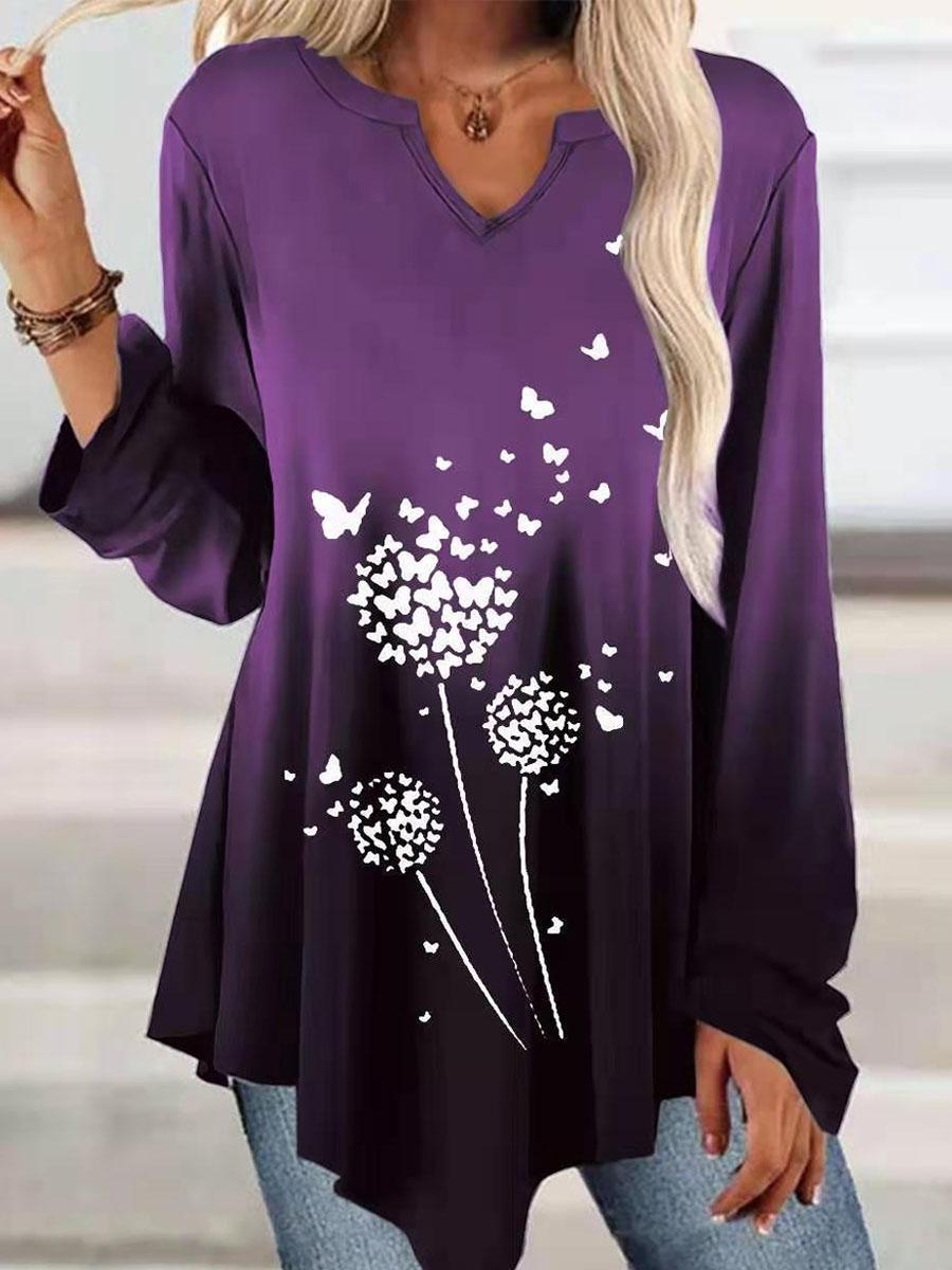 V-neck Gradient Print Casual Long Sleeve T-shirt