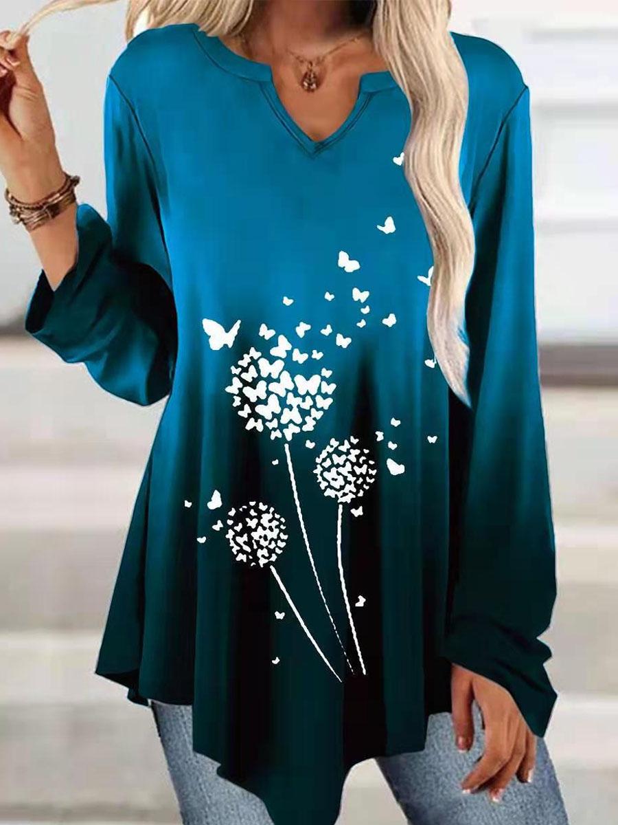 V-neck Gradient Print Casual Long Sleeve T-shirt