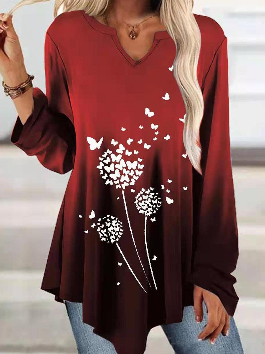 V-neck Gradient Print Casual Long Sleeve T-shirt