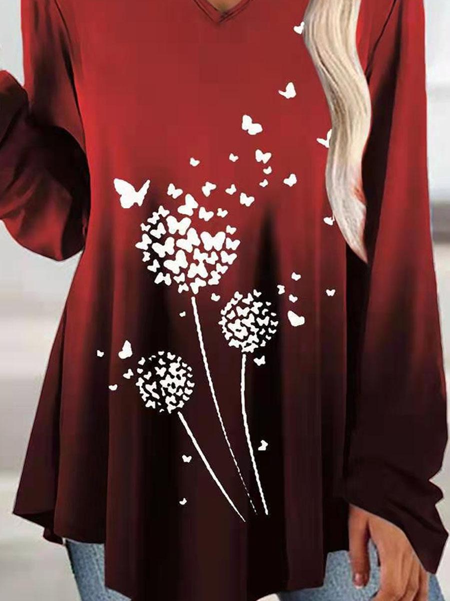V-neck Gradient Print Casual Long Sleeve T-shirt