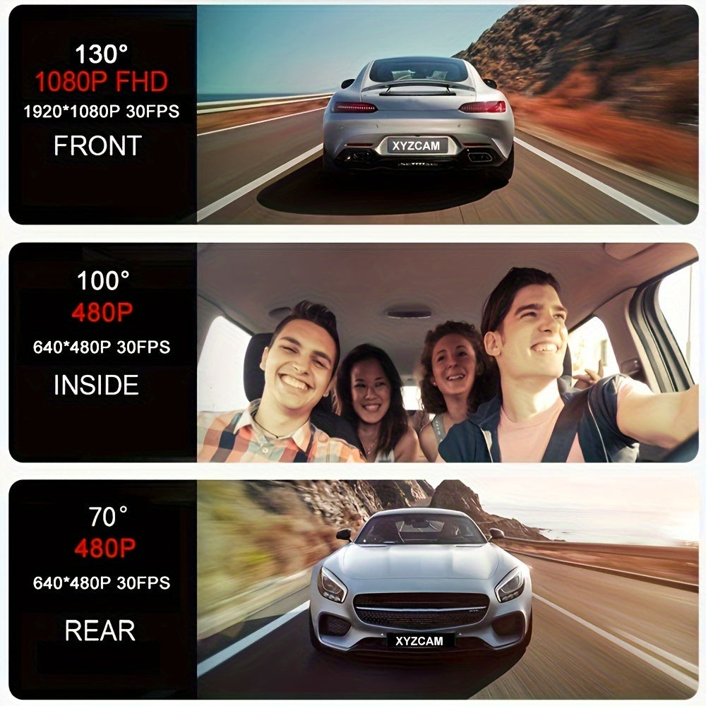 Camera FHD 1080P 3-Channel Dash Camera Front And Rear Inside Dash IR Night Vision Loop Recording G-Sensor Car DVR Camera With 2-Inch IPS Screen 3 Cameras
