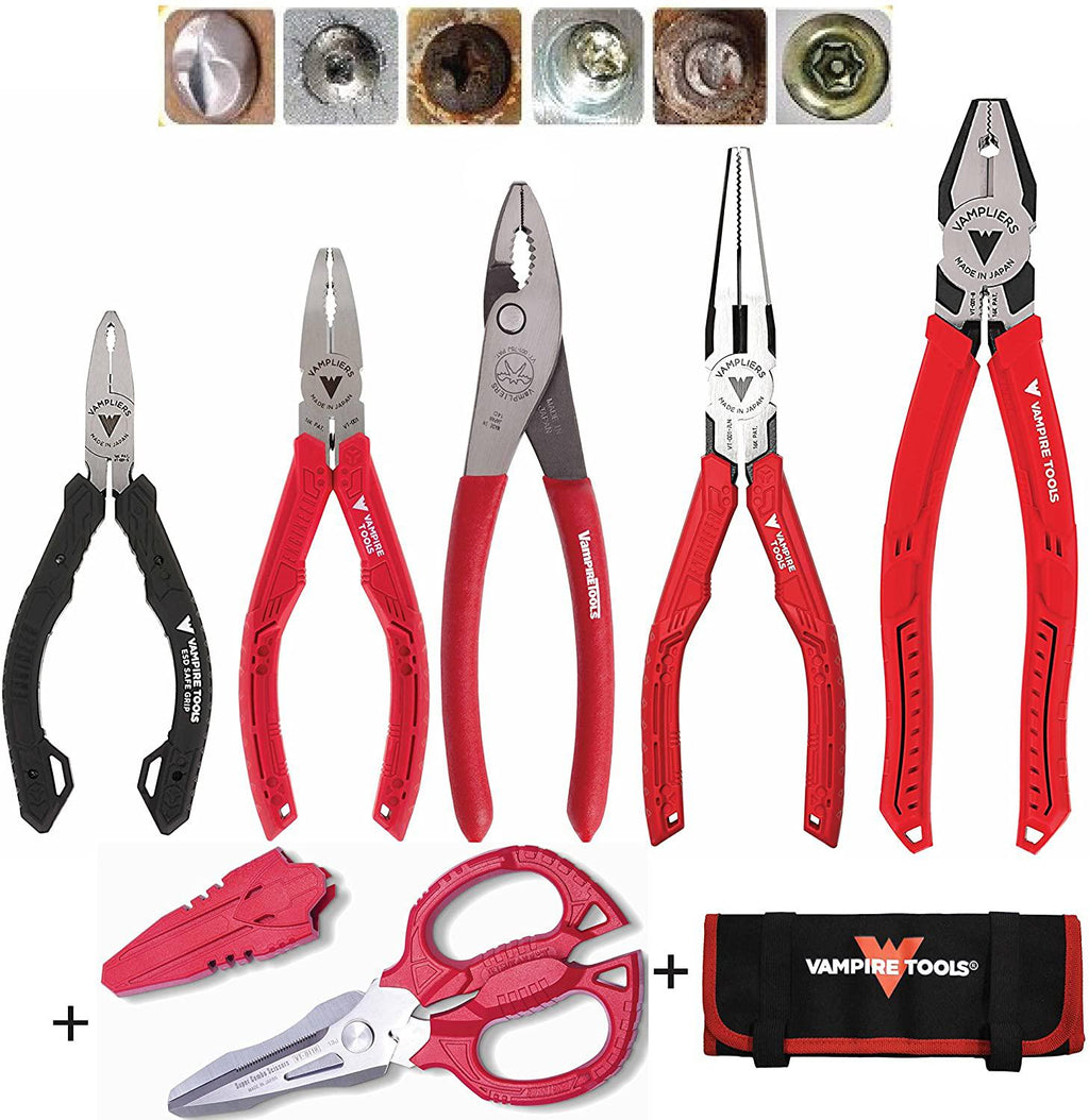 VAMPLIERS. Best Made Pliers! 6-PC Set S6AP Patented Screw Extractions Pliers. Extract Stripped Stuck Security, Corroded or Rusted Screws/Nuts/Bolts + Super Combo Scissors and Tool Pouch