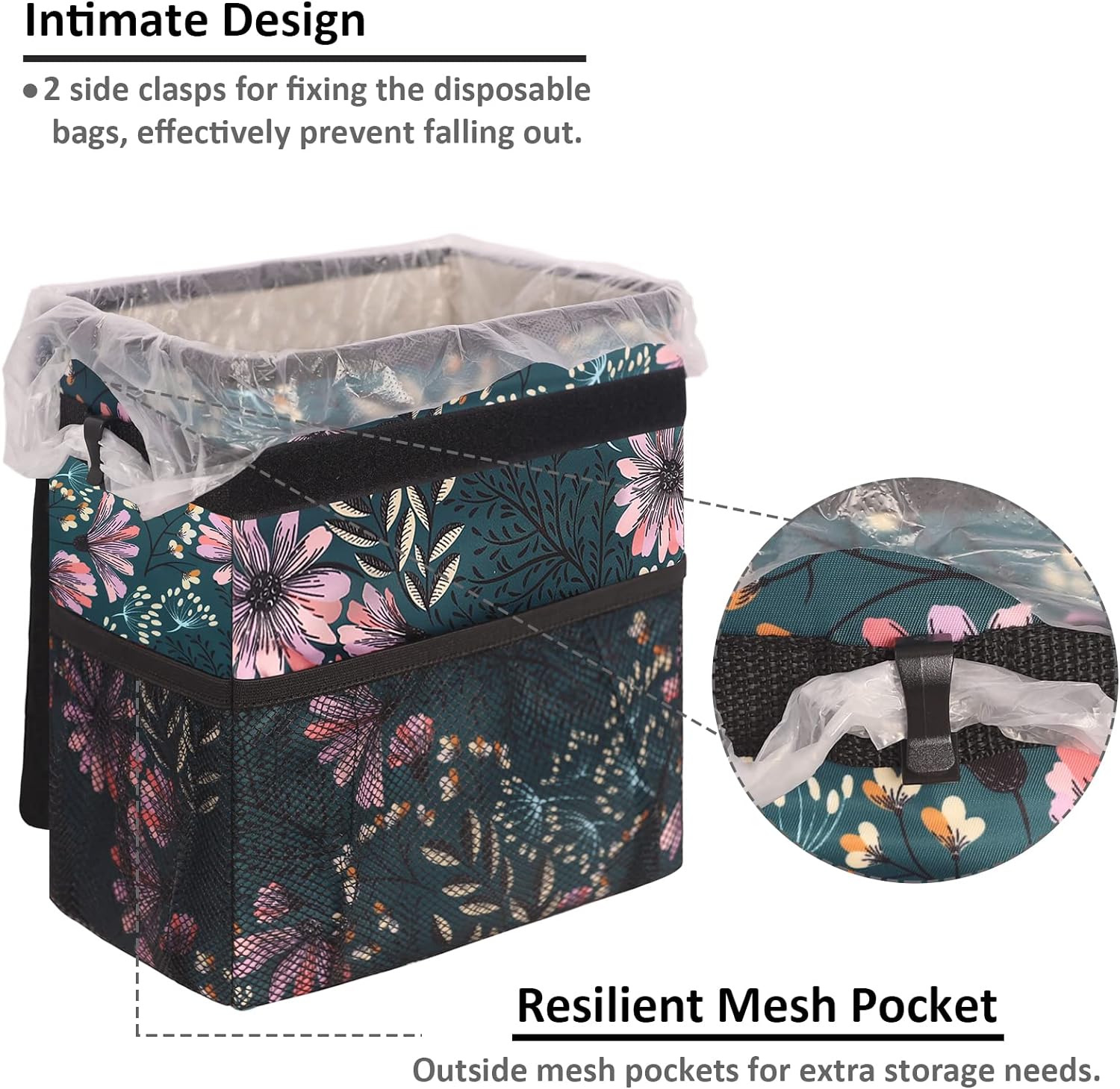 Vankor Car Trash Can for Cute, Bag Bin Hanging Waterproof Automotive Garbage Cans Leak Proof Vehicle Navy Floral