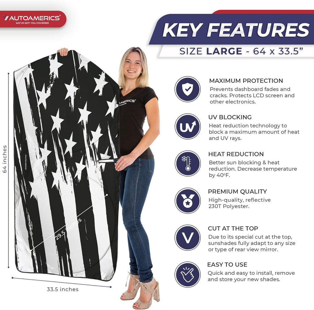 Autoamerics 1-Piece Windshield Sun Shade B&amp;W Art American Flag USA  - Foldable Car Front Window Sunshade for Most Sedans SUV Truck - Blocks Max UV Rays and Keeps Your Vehicle Cool - Large